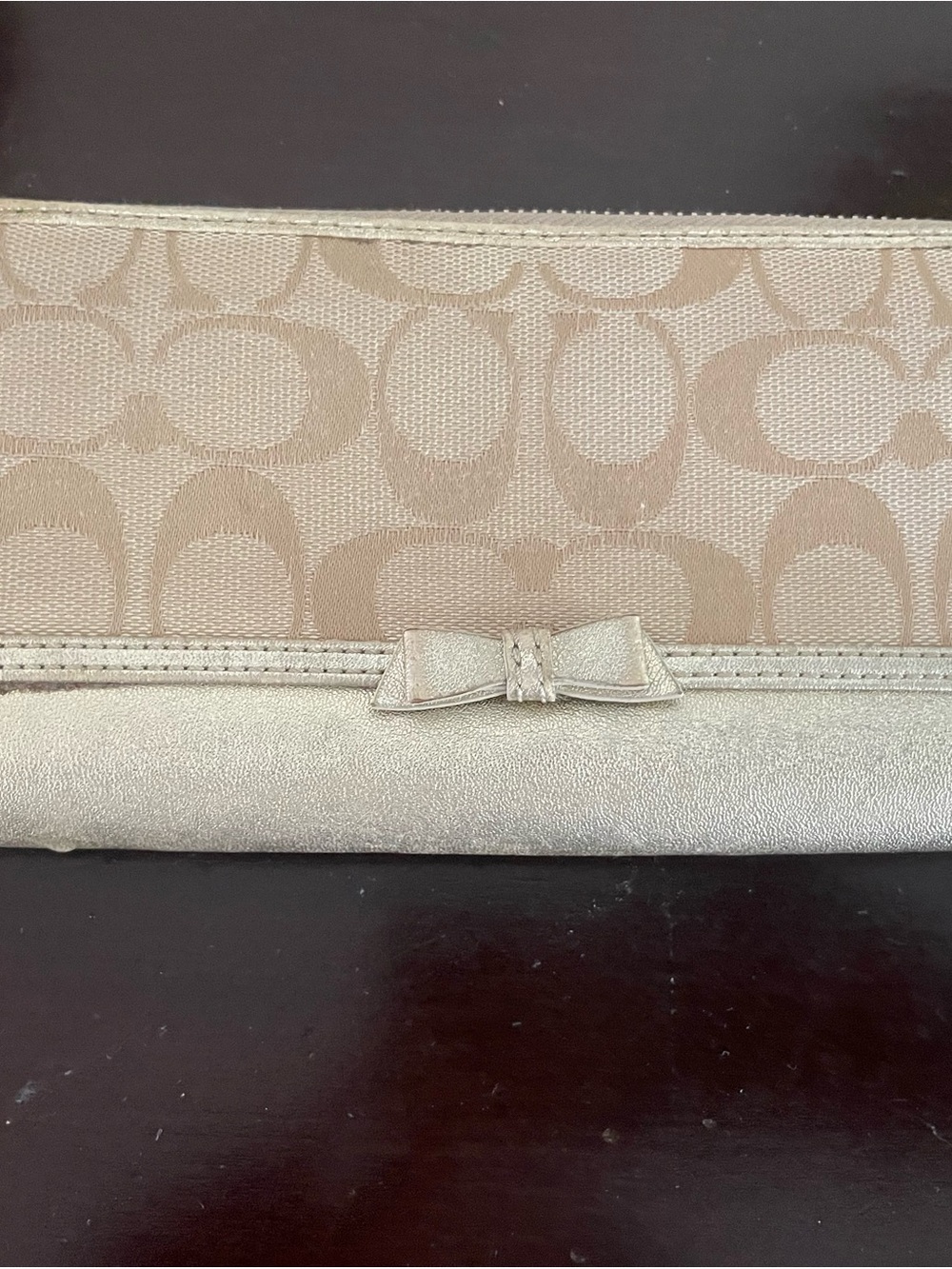 Coach Metallic Trim Signature Canvas Bow Wristlet in Beige